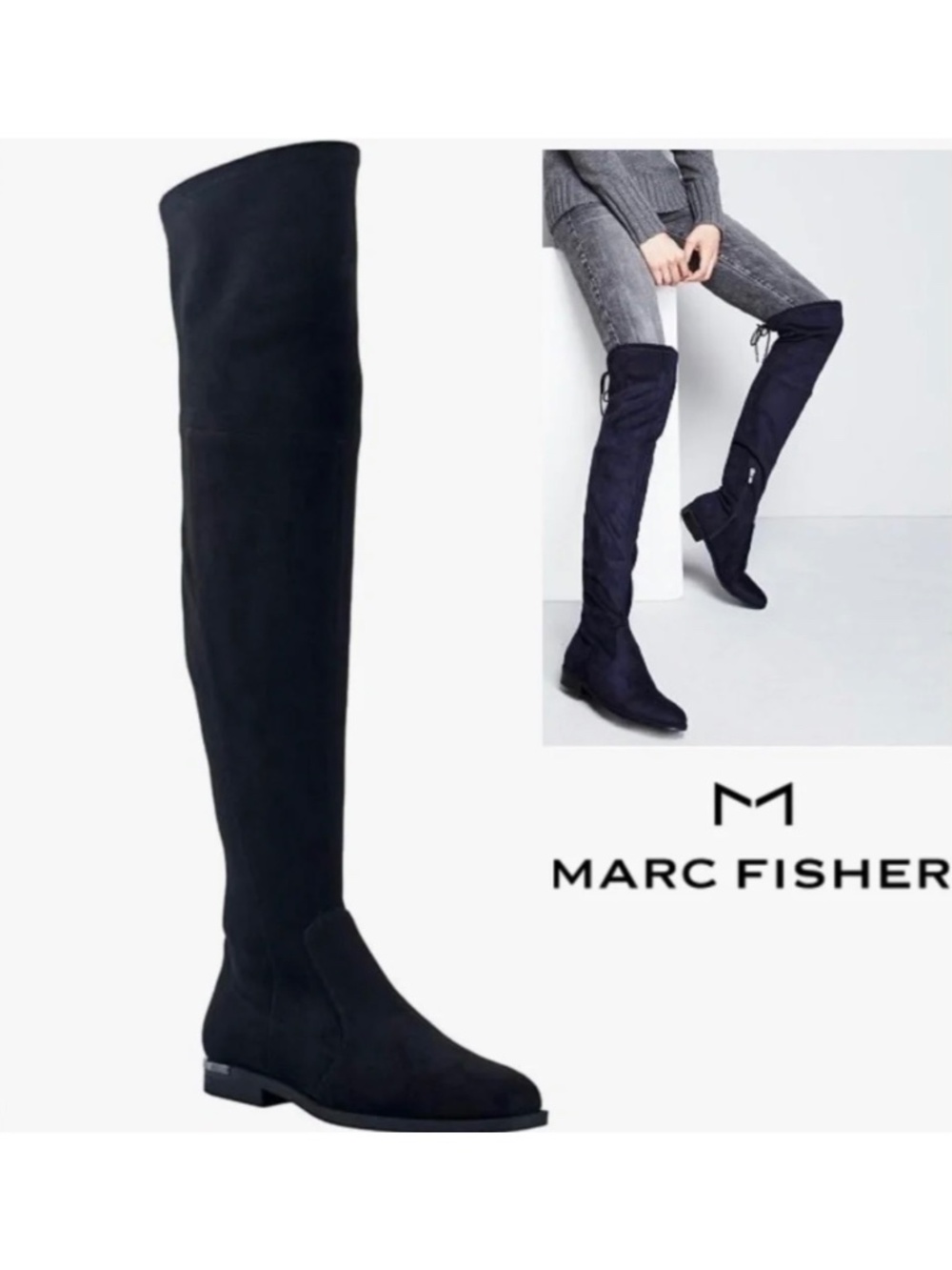 Marc Fisher Womans Renn Faux Suede Tall Over-The-Knee Boots low Heel Round Toe 8